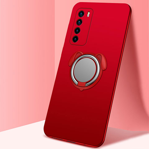 Funda Silicona Carcasa Ultrafina Goma con Magnetico Anillo de dedo Soporte T02 para Huawei Honor Play4 5G Rojo