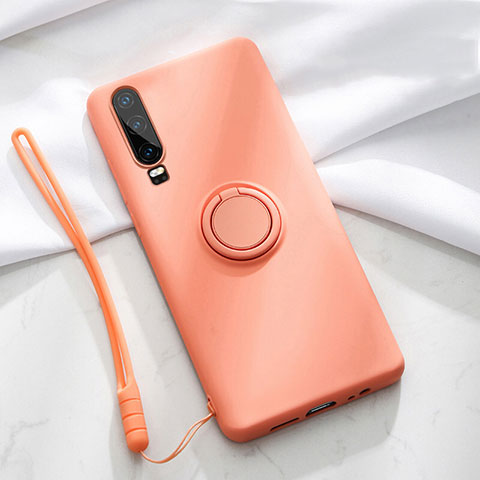 Funda Silicona Carcasa Ultrafina Goma con Magnetico Anillo de dedo Soporte T02 para Huawei P30 Naranja