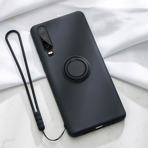 Funda Silicona Carcasa Ultrafina Goma con Magnetico Anillo de dedo Soporte T02 para Huawei P30 Negro