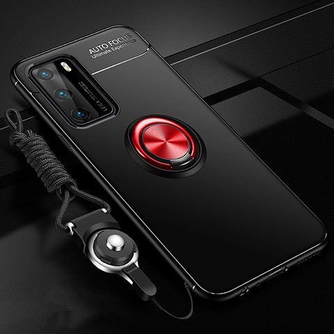 Funda Silicona Carcasa Ultrafina Goma con Magnetico Anillo de dedo Soporte T02 para Huawei P40 Rojo y Negro