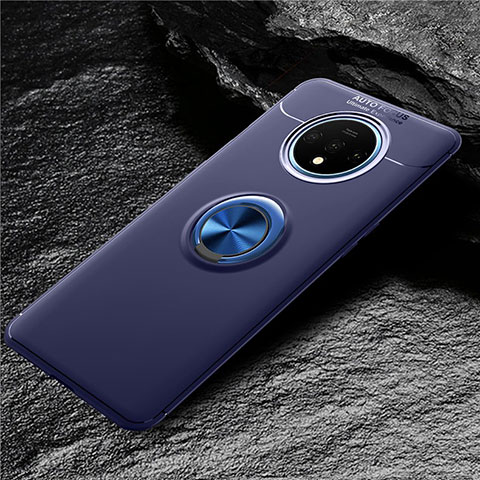 Funda Silicona Carcasa Ultrafina Goma con Magnetico Anillo de dedo Soporte T02 para OnePlus 7T Azul