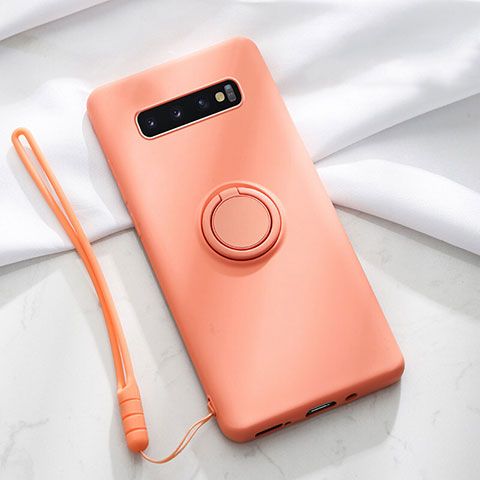 Funda Silicona Carcasa Ultrafina Goma con Magnetico Anillo de dedo Soporte T02 para Samsung Galaxy S10 Naranja