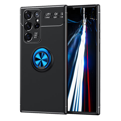 Funda Silicona Carcasa Ultrafina Goma con Magnetico Anillo de dedo Soporte T02 para Samsung Galaxy S21 Ultra 5G Azul y Negro
