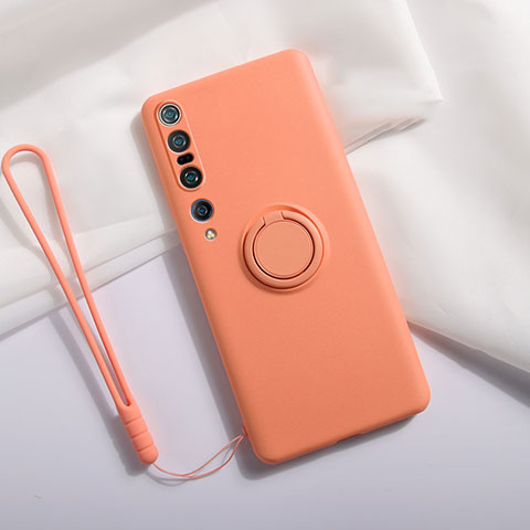 Funda Silicona Carcasa Ultrafina Goma con Magnetico Anillo de dedo Soporte T02 para Xiaomi Mi 10 Pro Naranja