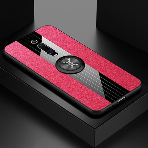 Funda Silicona Carcasa Ultrafina Goma con Magnetico Anillo de dedo Soporte T02 para Xiaomi Mi 9T Pro Rosa Roja