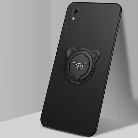 Funda Silicona Carcasa Ultrafina Goma con Magnetico Anillo de dedo Soporte T02 para Xiaomi Redmi 9AT Negro