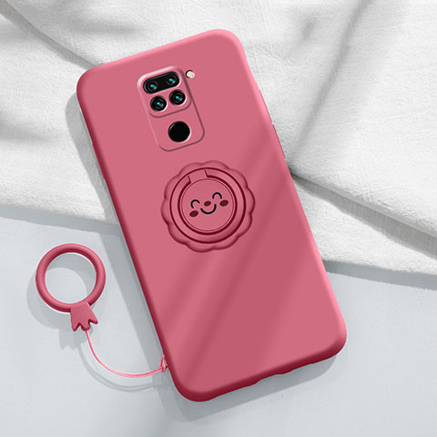 Funda Silicona Carcasa Ultrafina Goma con Magnetico Anillo de dedo Soporte T02 para Xiaomi Redmi Note 9 Rojo Rosa