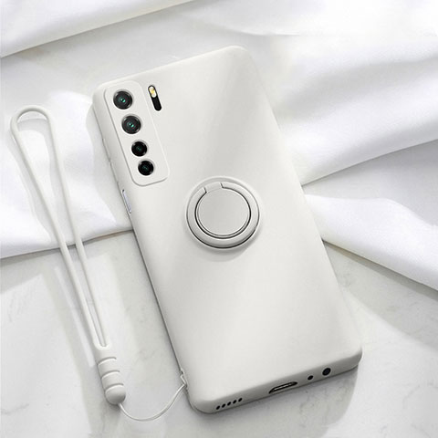 Funda Silicona Carcasa Ultrafina Goma con Magnetico Anillo de dedo Soporte T03 para Huawei Nova 7 SE 5G Blanco