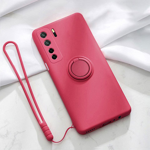 Funda Silicona Carcasa Ultrafina Goma con Magnetico Anillo de dedo Soporte T03 para Huawei P40 Lite 5G Rojo Rosa
