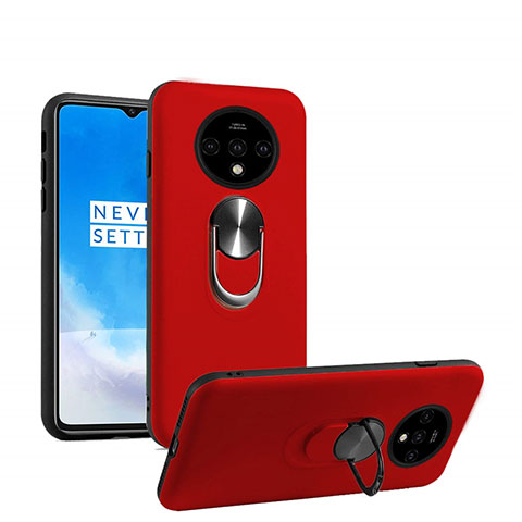 Funda Silicona Carcasa Ultrafina Goma con Magnetico Anillo de dedo Soporte T03 para OnePlus 7T Rojo