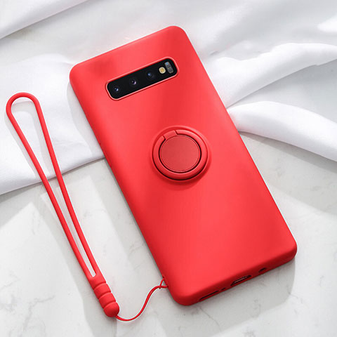 Funda Silicona Carcasa Ultrafina Goma con Magnetico Anillo de dedo Soporte T03 para Samsung Galaxy S10 Plus Rojo