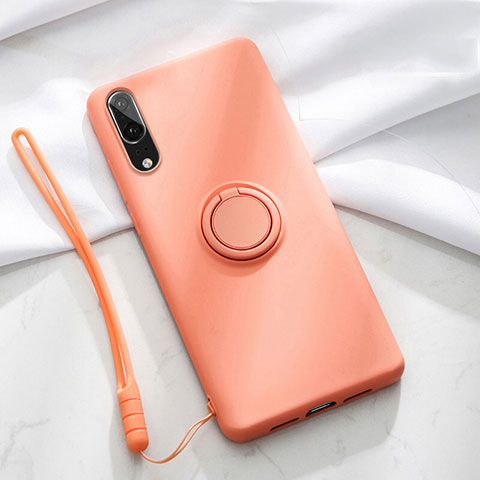 Funda Silicona Carcasa Ultrafina Goma con Magnetico Anillo de dedo Soporte T04 para Huawei P20 Naranja