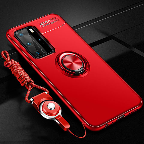 Funda Silicona Carcasa Ultrafina Goma con Magnetico Anillo de dedo Soporte T04 para Huawei P40 Pro Rojo