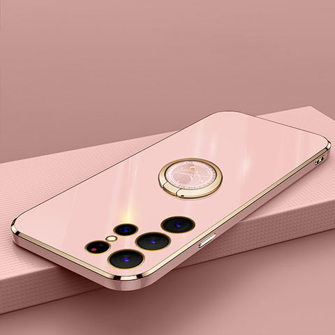 Funda Silicona Carcasa Ultrafina Goma con Magnetico Anillo de dedo Soporte T04 para Samsung Galaxy S21 Ultra 5G Oro Rosa