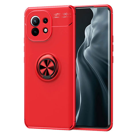 Funda Silicona Carcasa Ultrafina Goma con Magnetico Anillo de dedo Soporte T04 para Xiaomi Mi 11 5G Rojo