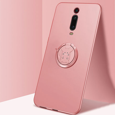Funda Silicona Carcasa Ultrafina Goma con Magnetico Anillo de dedo Soporte T04 para Xiaomi Mi 9T Pro Rosa