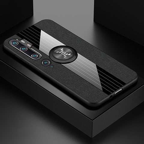 Funda Silicona Carcasa Ultrafina Goma con Magnetico Anillo de dedo Soporte T04 para Xiaomi Mi Note 10 Negro