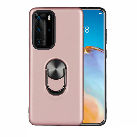 Funda Silicona Carcasa Ultrafina Goma con Magnetico Anillo de dedo Soporte T05 para Huawei P40 Pro Oro Rosa