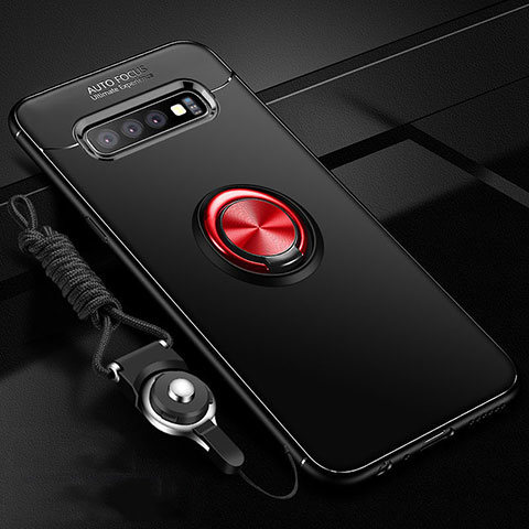 Funda Silicona Carcasa Ultrafina Goma con Magnetico Anillo de dedo Soporte T05 para Samsung Galaxy S10 Plus Rojo y Negro