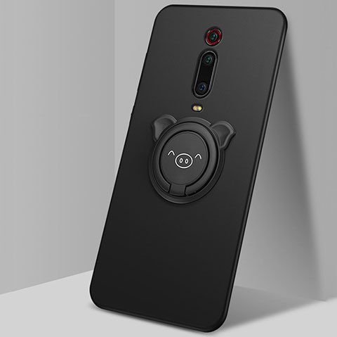 Funda Silicona Carcasa Ultrafina Goma con Magnetico Anillo de dedo Soporte T05 para Xiaomi Mi 9T Pro Negro