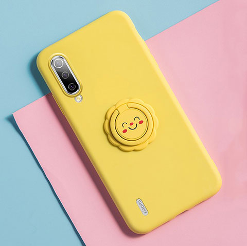 Funda Silicona Carcasa Ultrafina Goma con Magnetico Anillo de dedo Soporte T06 para Xiaomi Mi A3 Amarillo