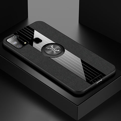 Funda Silicona Carcasa Ultrafina Goma con Magnetico Anillo de dedo Soporte X01L para Samsung Galaxy M21s Negro