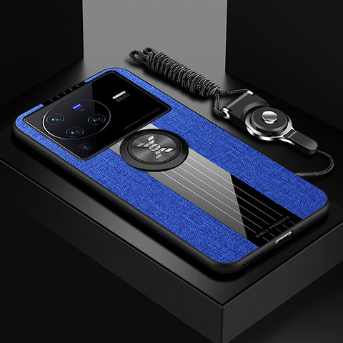 Funda Silicona Carcasa Ultrafina Goma con Magnetico Anillo de dedo Soporte X03L para Vivo X80 Pro 5G Azul