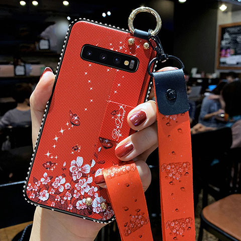 Funda Silicona Gel Goma Flores Carcasa K02 para Samsung Galaxy S10 Plus Rojo