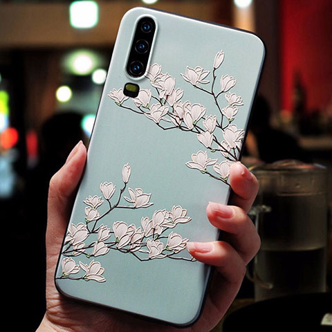 Funda Silicona Gel Goma Flores Carcasa para Huawei P30 Azul Cielo