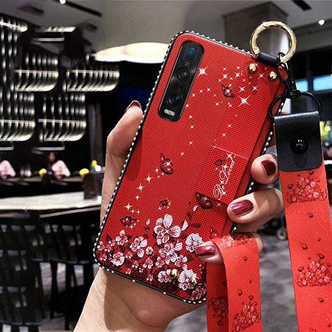 Funda Silicona Gel Goma Flores Carcasa para Oppo Find X2 Pro Rojo