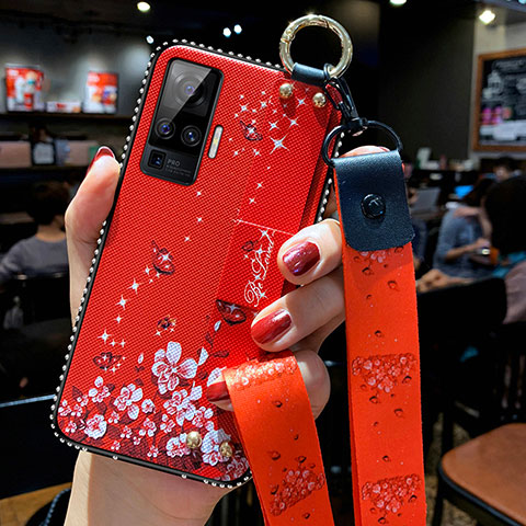 Funda Silicona Gel Goma Flores Carcasa para Vivo X50 Pro 5G Rojo