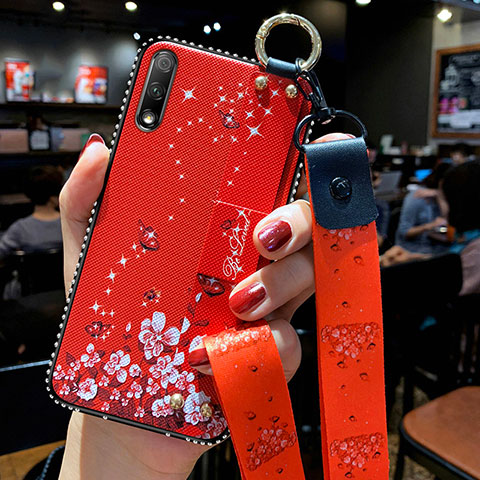 Funda Silicona Gel Goma Flores Carcasa S01 para Huawei Enjoy 10 Rojo