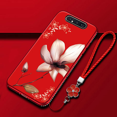 Funda Silicona Gel Goma Flores Carcasa S06 para Samsung Galaxy A80 Rojo Rosa