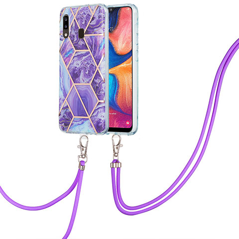 Funda Silicona Gel Goma Patron de Moda Carcasa con Acollador Cordon Lanyard Y01B para Samsung Galaxy A20 Morado