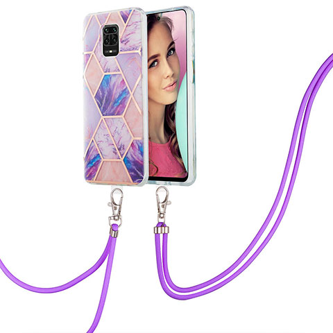 Funda Silicona Gel Goma Patron de Moda Carcasa con Acollador Cordon Lanyard Y01B para Xiaomi Redmi Note 9 Pro Purpura Claro