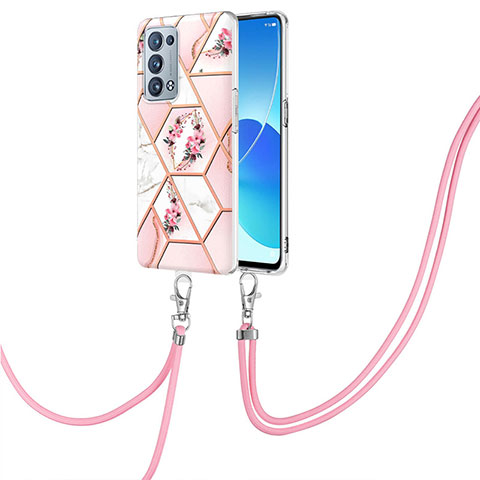 Funda Silicona Gel Goma Patron de Moda Carcasa con Acollador Cordon Lanyard Y02B para Oppo Reno6 Pro 5G Rosa