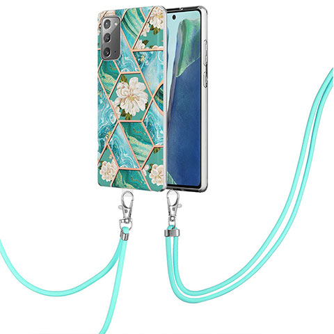 Funda Silicona Gel Goma Patron de Moda Carcasa con Acollador Cordon Lanyard Y02B para Samsung Galaxy Note 20 5G Verde