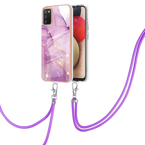 Funda Silicona Gel Goma Patron de Moda Carcasa con Acollador Cordon Lanyard Y05B para Samsung Galaxy M02s Purpura Claro