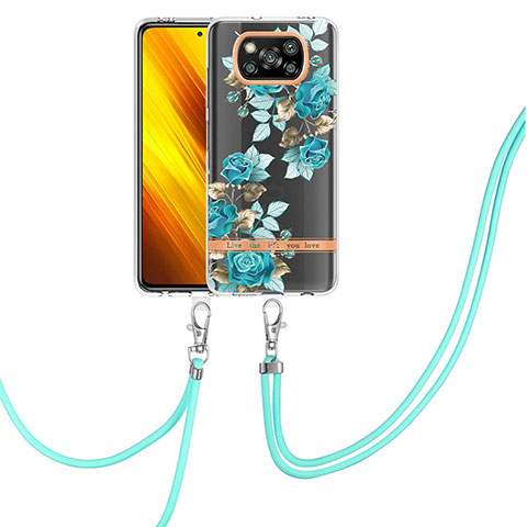 Funda Silicona Gel Goma Patron de Moda Carcasa con Acollador Cordon Lanyard Y06B para Xiaomi Poco X3 NFC Cian