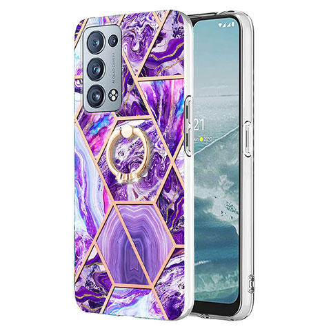 Funda Silicona Gel Goma Patron de Moda Carcasa con Anillo de dedo Soporte Y01B para Oppo Reno6 Pro 5G Morado