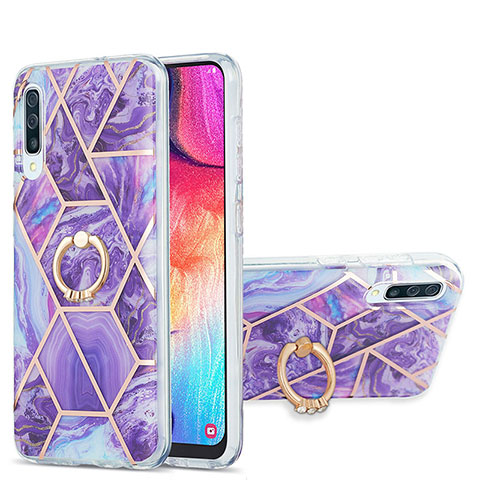 Funda Silicona Gel Goma Patron de Moda Carcasa con Anillo de dedo Soporte Y01B para Samsung Galaxy A50 Morado