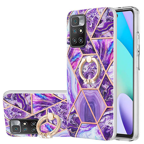 Funda Silicona Gel Goma Patron de Moda Carcasa con Anillo de dedo Soporte Y01B para Xiaomi Redmi 10 4G Morado