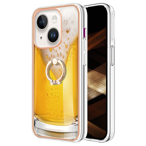 Funda Silicona Gel Goma Patron de Moda Carcasa con Anillo de dedo Soporte Y02B para Apple iPhone 15 Plus Amarillo