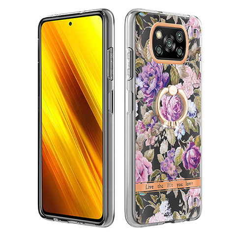 Funda Silicona Gel Goma Patron de Moda Carcasa con Anillo de dedo Soporte Y06B para Xiaomi Poco X3 NFC Purpura Claro