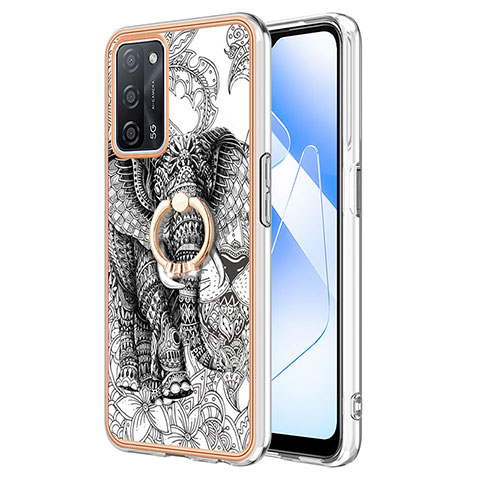 Funda Silicona Gel Goma Patron de Moda Carcasa con Anillo de dedo Soporte YB2 para Oppo A55 5G Gris