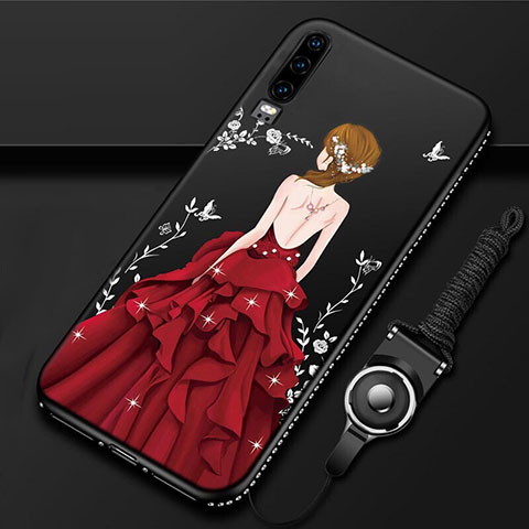 Funda Silicona Gel Goma Vestido de Novia Carcasa K01 para Huawei P30 Rojo y Negro