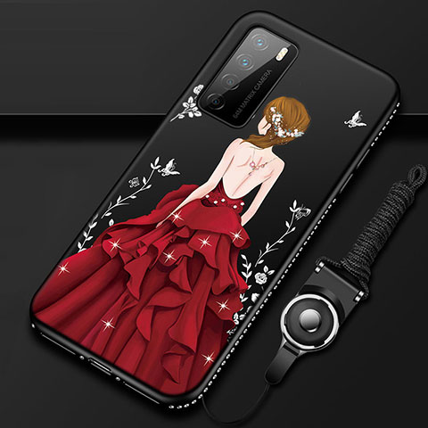 Funda Silicona Gel Goma Vestido de Novia Carcasa para Huawei Honor Play4 5G Rojo y Negro