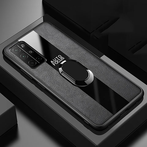 Funda Silicona Goma de Cuero Carcasa con Magnetico Anillo de dedo Soporte para Huawei Honor 30S Negro