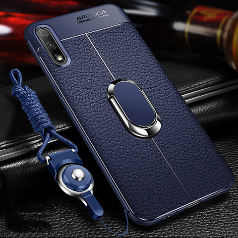 Funda Silicona Goma de Cuero Carcasa con Magnetico Anillo de dedo Soporte para Huawei Honor 9X Azul