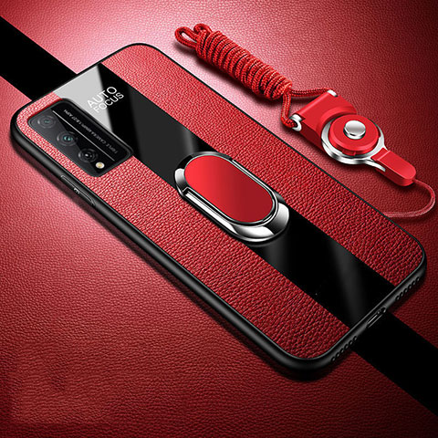 Funda Silicona Goma de Cuero Carcasa con Magnetico Anillo de dedo Soporte para Huawei Honor Play4T Pro Rojo